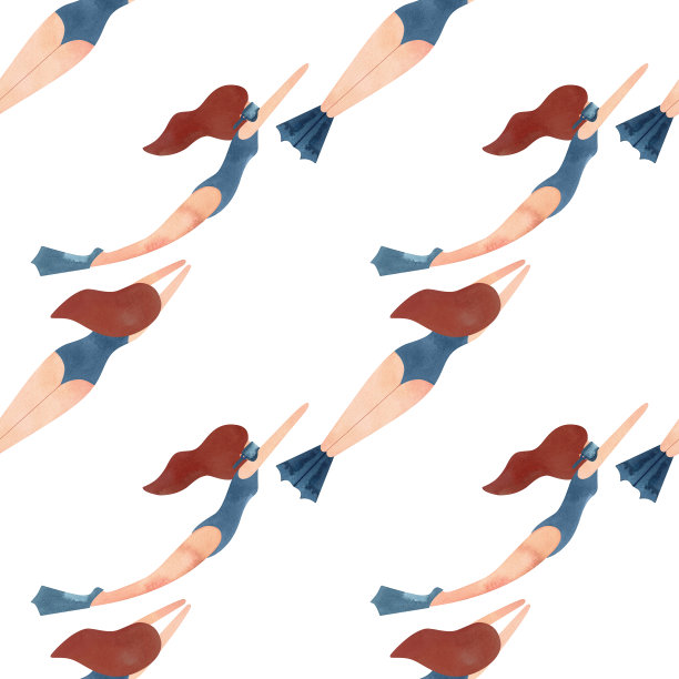 无缝图案与漂浮的妇女在复古风格。游泳。白色背景水彩插图图片下载