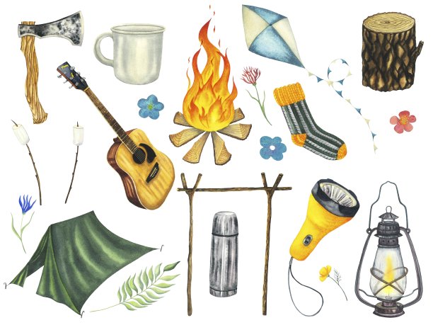 露营水彩画集露营帐篷，吉他，灯笼，保温瓶，风筝，袜子，鲜花，斧头，火，壁炉，马克杯，杯子，棉花糖粘。旅游、旅行、远足、露营、自然、旅行、野餐的概念。面料，包装，纺织品，海报图片下载