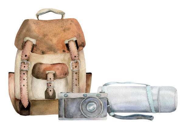 旅游配件背包背包袋，保温瓶，旧照相机。水彩手绘复古插图。设计旅游、旅游、宣传册、婚庆、导游、印刷品、名片纹身。图片下载