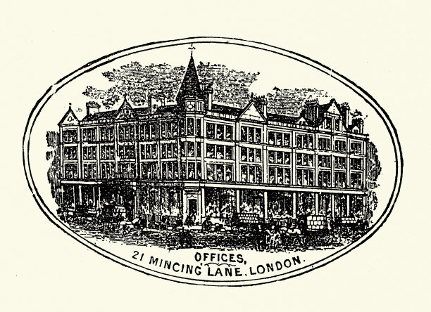 英国茶叶公司办公室，伦敦明明巷21号，19世纪风格，复古插画图片下载