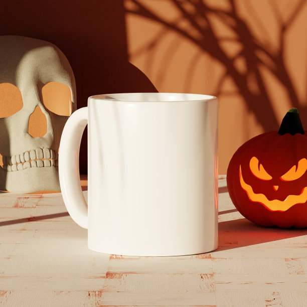 咖啡杯模拟万圣节的概念与复制空间，杰克南瓜灯和头骨装饰图片下载