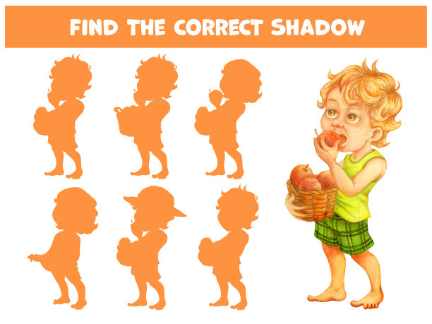 找出可爱男孩咬大苹果的正确影子。丰收节主题儿童作业表。儿童益智配对游戏。学龄前儿童的逻辑谜题。卡通水彩插画图片下载