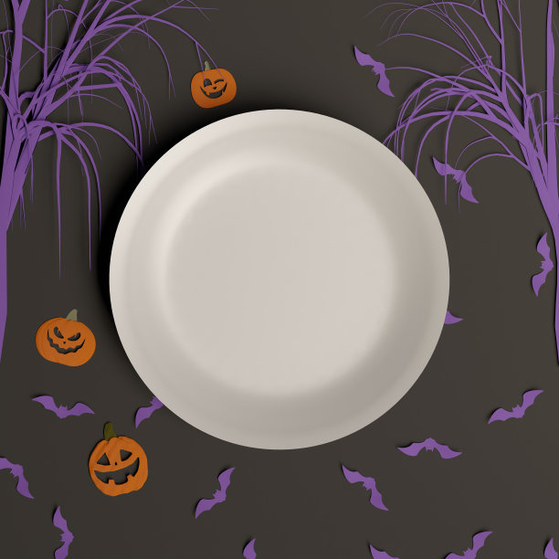 万圣节用塑料纸做成的盘子，上面有紫色的蝙蝠、南瓜灯和树枝图片下载