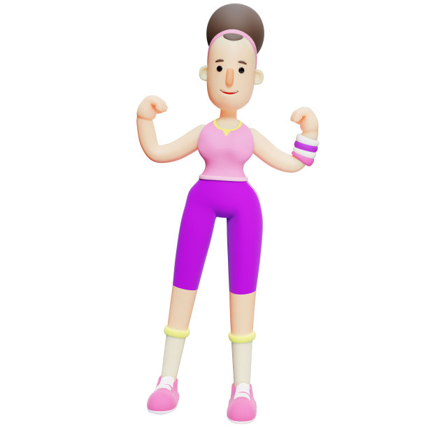 3D瑜伽技术。卡通人物屈曲肌肉健身和力量活动。卡通女孩图片下载