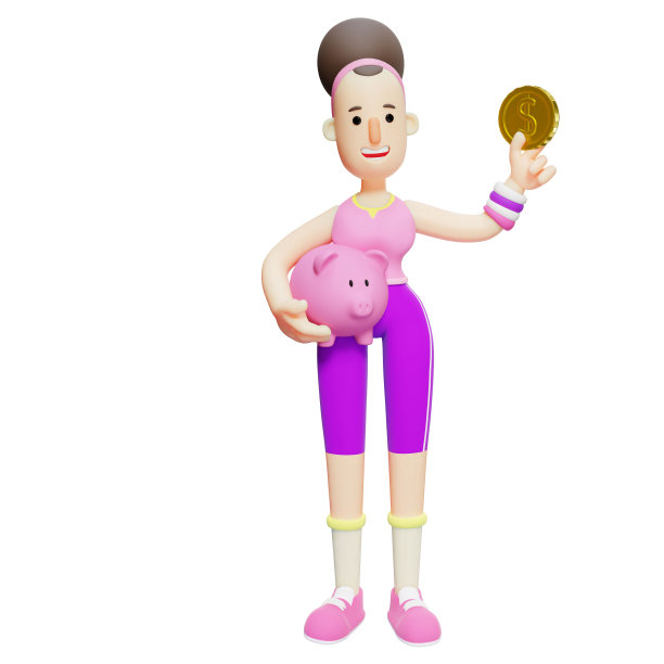 瑜伽女孩在3D插图。卡通人物在存钱罐里存钱。卡通图片下载