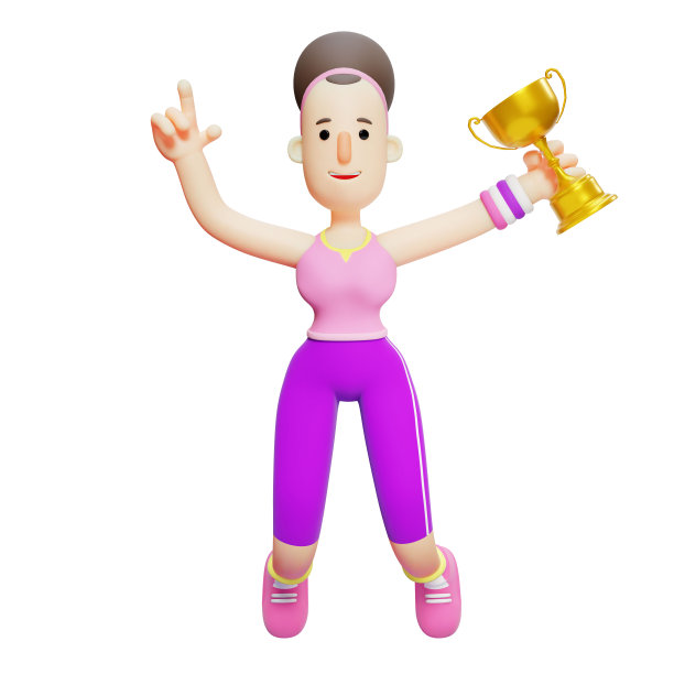 说明性瑜伽课程。卡通人物获奖奖杯庆功会。3D女孩图片下载