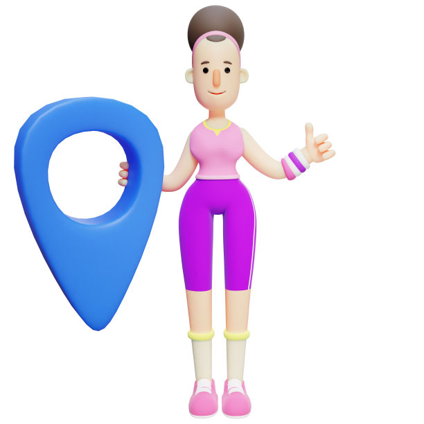 练习瑜伽的女孩。卡通人物与位置Pin寻找位置活动。3D卡通图片下载