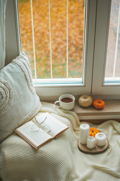 一杯热可可，放在靠窗的柳条藤盘上，格子布，枕头，南瓜。生态家园。图片下载