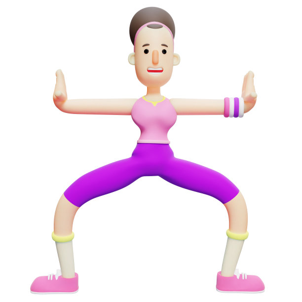 瑜伽女孩动画在3D。女性卡通人物做伸展姿势，双臂张开，双腿张开。说明包图片下载