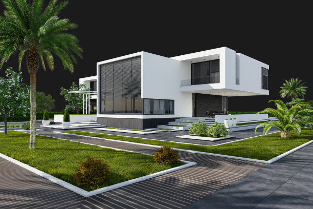 现代别墅入口立面当代建筑设计，以花园为背景图片下载