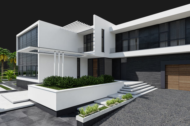 现代别墅入口立面当代建筑设计，以花园为背景图片下载