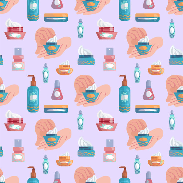 不同版本的面霜罐和涂抹面霜的手的无缝图案，用于化妆品商店，水疗沙龙的包装和明信片的设计和装饰图片下载