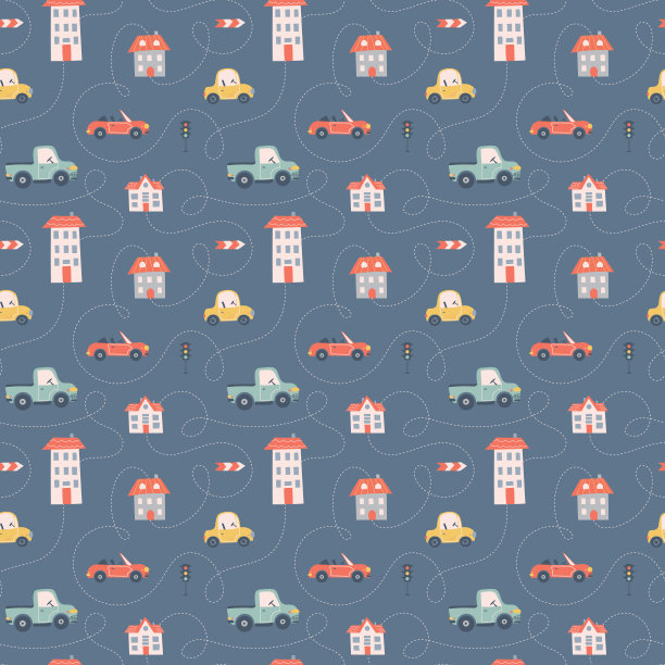 儿童无缝模式与汽车，公共汽车和道路。适用于织物，数码纸，卡片。图片下载