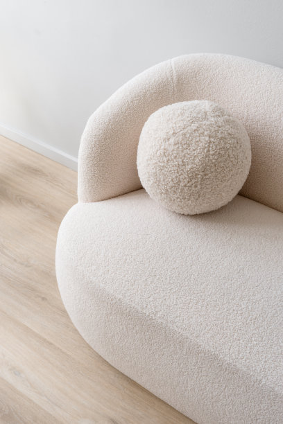 白色毛绒沙发，上面有圆枕头，特写镜头图片下载