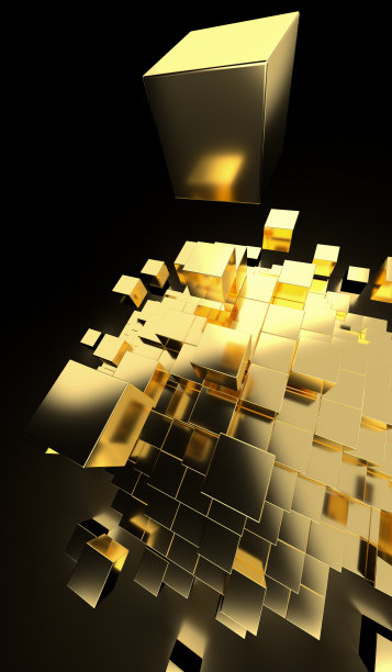 倒塌的黄金金字塔。堆叠立方体的3D插图图片下载