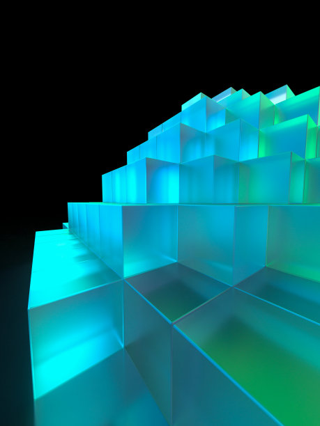 一个金字塔的3D插图，堆叠着神奇的发光立方体图片下载