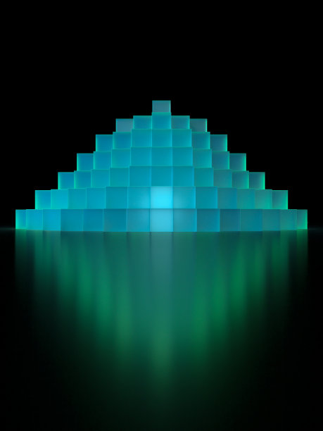 一个金字塔的3D插图，堆叠着神奇的发光立方体图片下载