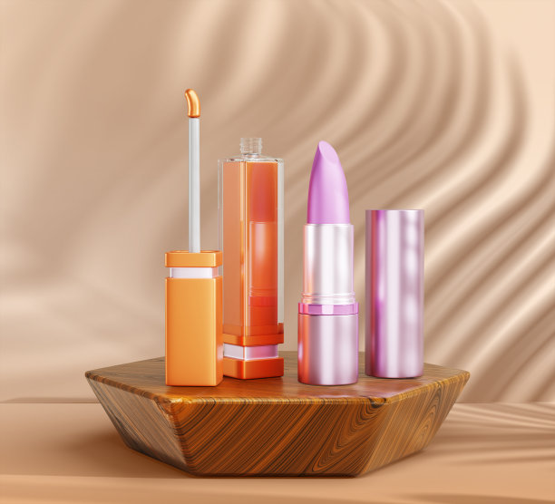 六边形木制讲台上的口红，液体光泽管和米色墙壁背景上的棕榈叶阴影3d渲染。化妆品化妆美容产品在天然木基座上的模型横幅图片下载