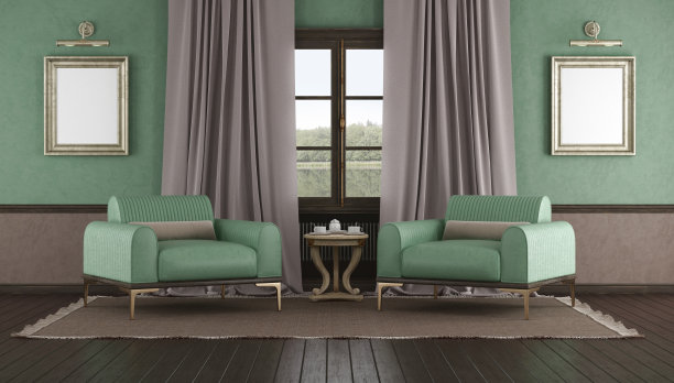 优雅的客厅室内与自然景观图片下载