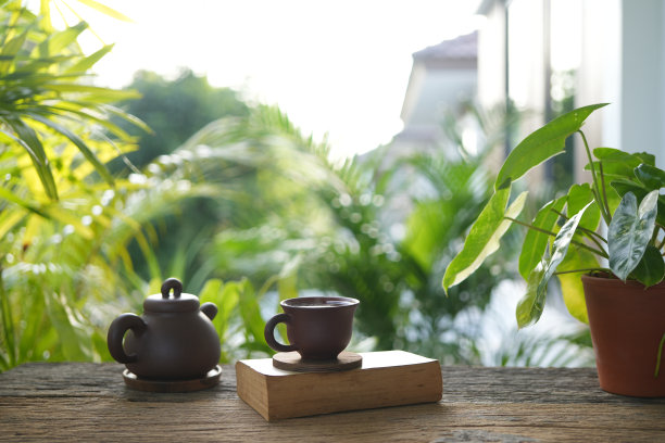 褐色的木茶杯花盆，在阳台凉意，户外放松图片下载