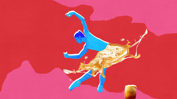 海报。当代艺术拼贴。蓝色的芭蕾舞女演员穿着泡沫啤酒裙，在鲜艳的粉色背景下优雅地跳跃。图片下载