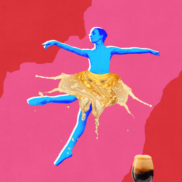 海报。当代艺术拼贴。芭蕾舞女演员穿着泡沫啤酒制成的裙子，在充满活力的粉色背景下优雅地跳舞。图片下载