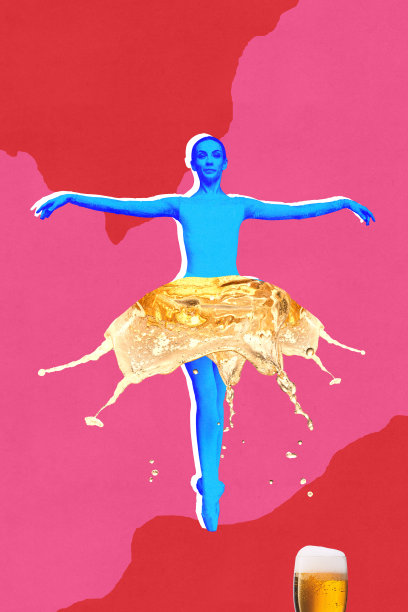 海报。当代艺术拼贴。蓝色调的芭蕾舞女演员优雅地摆姿势，她的裙子由金色啤酒制成，背景是充满活力的粉红色。图片下载