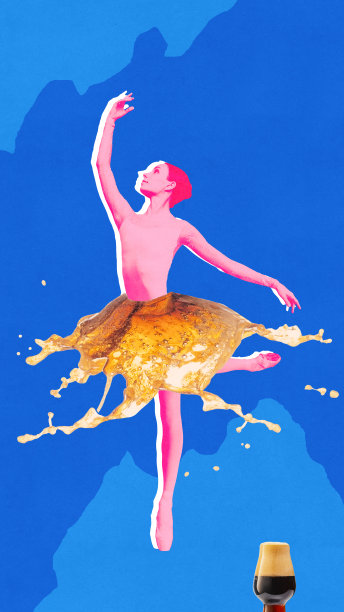海报。当代艺术拼贴。粉色调的芭蕾舞演员优雅地摆姿势，在充满活力的蓝色背景下，由啤酒制成的芭蕾舞裙。图片下载