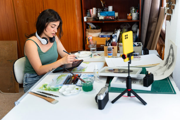 艺术家沉浸在她的创作过程中，被艺术工具包围图片下载
