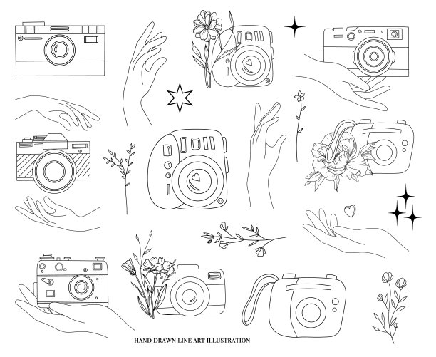 线条绘制相机插图，手握相机上的花朵和星星，极简风格的标志图片下载