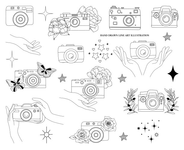 线条绘制相机插图，手握相机上的花朵和星星，极简风格的标志图片下载