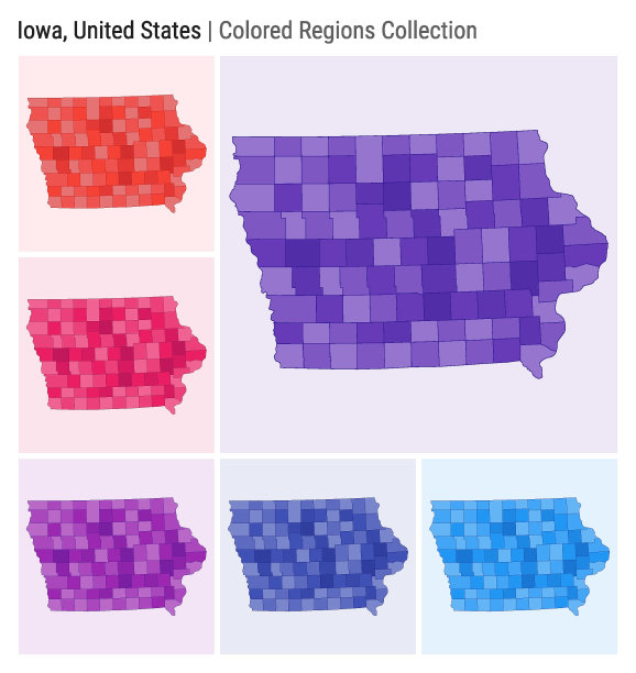 爱荷华州，美国。地图收藏。州的形状。彩色的县。深紫色，红色，粉色，紫色，靛蓝，蓝色调色板。爱荷华州与县的边界。矢量插图。图片下载