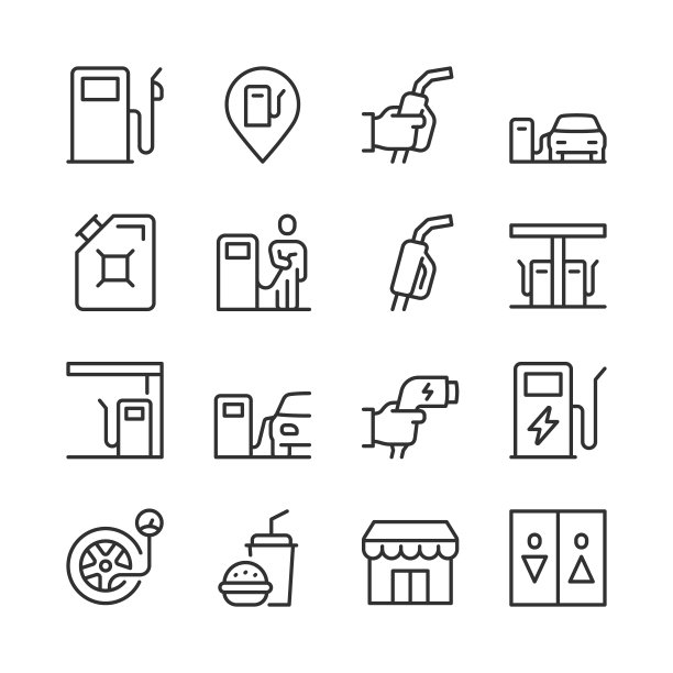 加油站，图标集。加油站。采购产品汽油，电动汽车充电和服务:燃油泵，汽油喷嘴，汽车，充电站，轮胎充气，便利店，洗手间等。线条可编辑的笔画图片下载