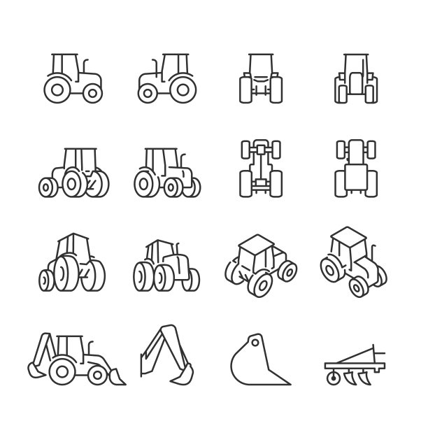 拖拉机，图标设置。不同的角度。拖拉机从各种角度前，后，侧，底部，顶部视图。不同的预测。线条可编辑的笔画图片下载