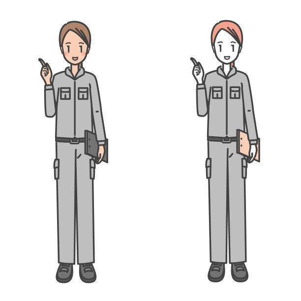 穿着工作服的女工。插图的建议，指出和呼吁，现场和笑脸。图片下载