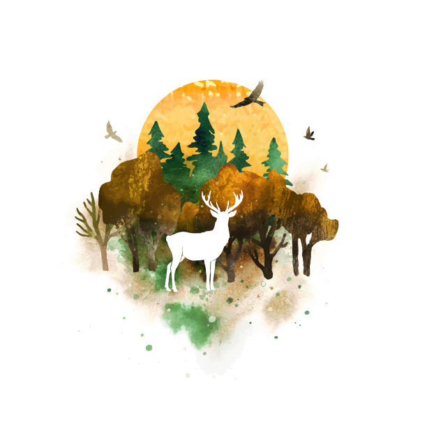 秋天矢量景观与鹿，森林，太阳和鸟类隔离在白色背景。森林里的晨雾。水彩自然手绘插画。所有元素都是单独的对象图片下载