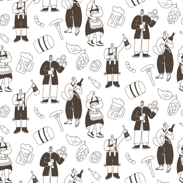 啤酒节无缝图案。涂鸦人物与酒精饮料无休止的背景。人用饮料连续覆盖。啤酒爱好者重复点缀表面。矢量插图。图片下载