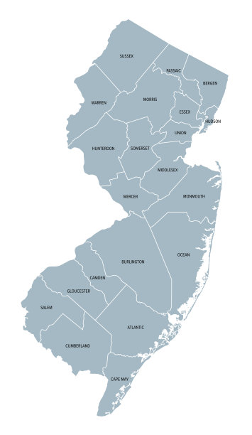 美国新泽西州，划分为21个县，灰色政治地图图片下载