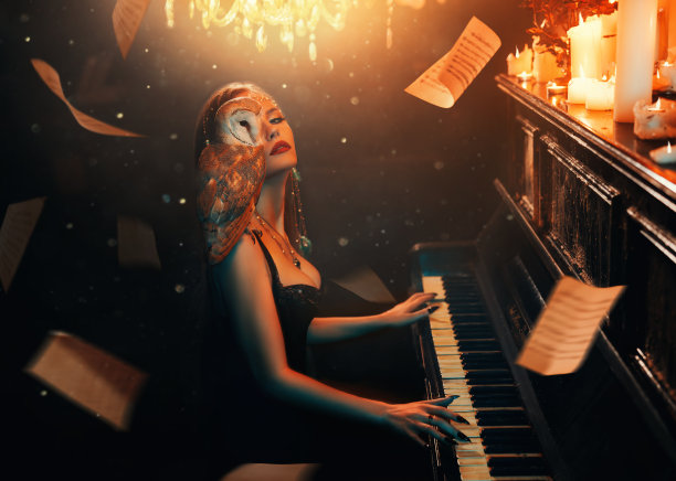 艺术照片真实的幻想女音乐家在钢琴上演奏神奇的旋律白色谷仓猫头鹰鸟在肩膀上隐藏部分脸。精灵小姐，带鸟的性感女孩。黑暗的房间魔法光页飞在空中漂浮图片下载