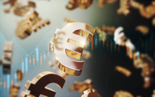 飞行黄色金属欧元标志在梯度金融背景图片下载