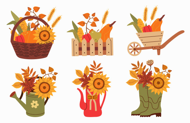 扁平风格的秋季插图集特色篮子，水壶和靴子充满了向日葵，蔬菜和小麦。适合季节性设计，贺卡和数字项目。图片下载