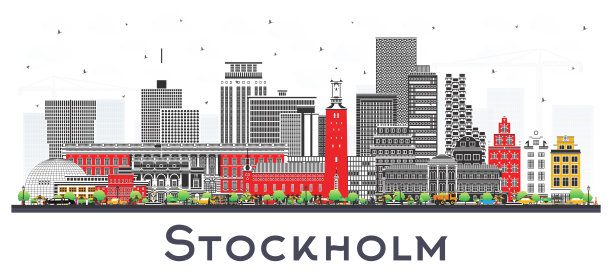 瑞典斯德哥尔摩城市天际线与白色的彩色建筑孤立。斯德哥尔摩城市景观与地标。商务旅行和旅游理念具有现代和历史建筑。图片下载