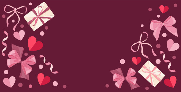 情人节快乐banner矢量布局，含礼物、心形、粉色蝴蝶结和丝带。情人节促销活动。矢量情人节贺卡插画图片下载