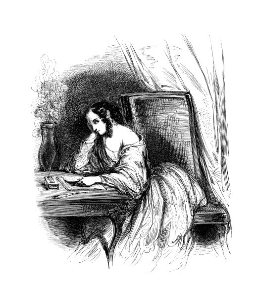 坐在桌边写作的沉思女人图片下载