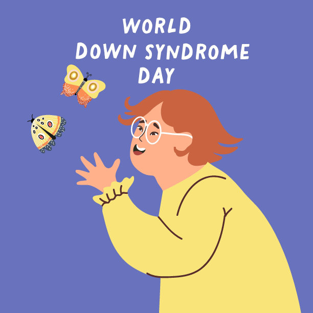 世界唐氏综合征日，戴眼镜的女孩与蝴蝶插画图片下载