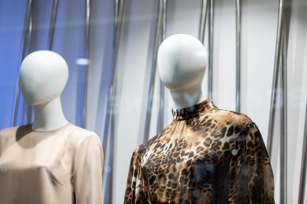 在一家商店的橱窗里，两模特穿着豹纹衬衫图片下载