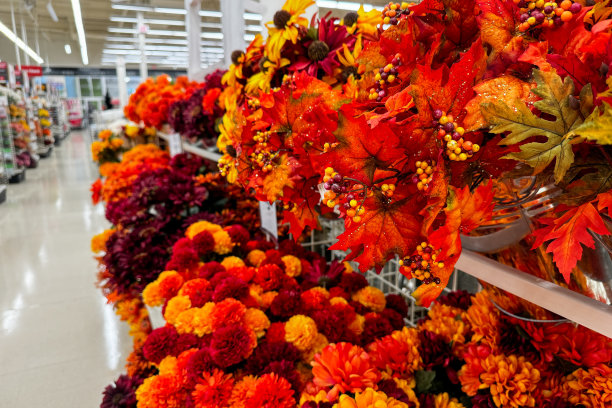 商店的走道上摆满了生机勃勃的秋季人造花和鲜艳的橙色、红色和黄色的装饰品图片下载