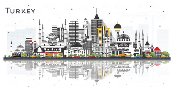 土耳其城市天际线与彩色建筑和反射孤立在白色。具有历史建筑的旅游理念。土耳其城市景观与地标。伊兹密尔。安卡拉。伊斯坦布尔。图片下载