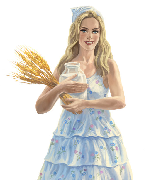 挤牛奶的姑娘，手里拿着满满一罐牛奶，手里拿着一捆麦穗，麦穗在白色的背景上。图片下载