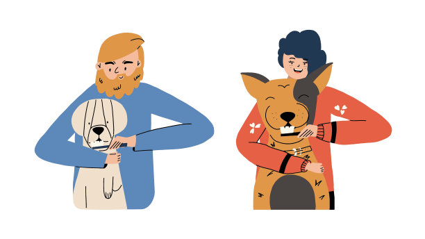 主人给狗刷牙。宠物口腔卫生。矢量插图手绘风格图片下载